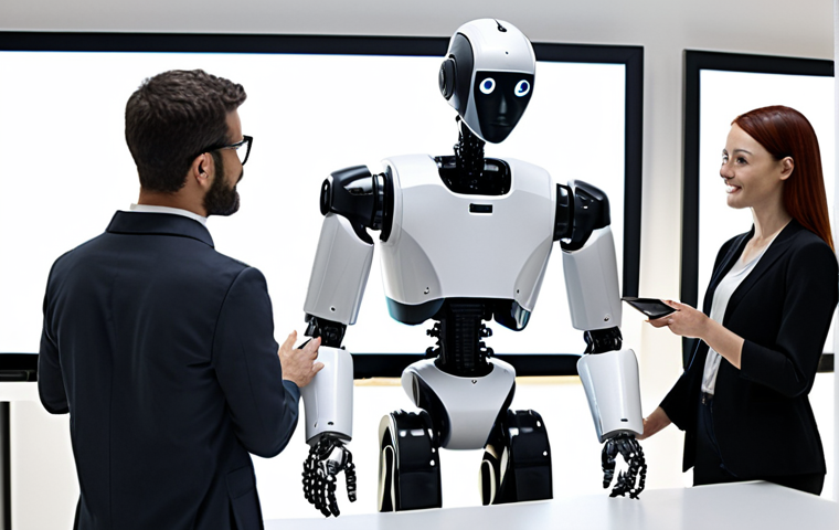 **Ethical Robot Design:** A diverse group of people collaboratively designing a robot in a bright, modern workspace. The robot should appear friendly and helpful, with visual cues suggesting ethical considerations (e.g., a screen displaying algorithms being checked for bias). Focus on inclusivity and a positive vision of technology serving humanity.