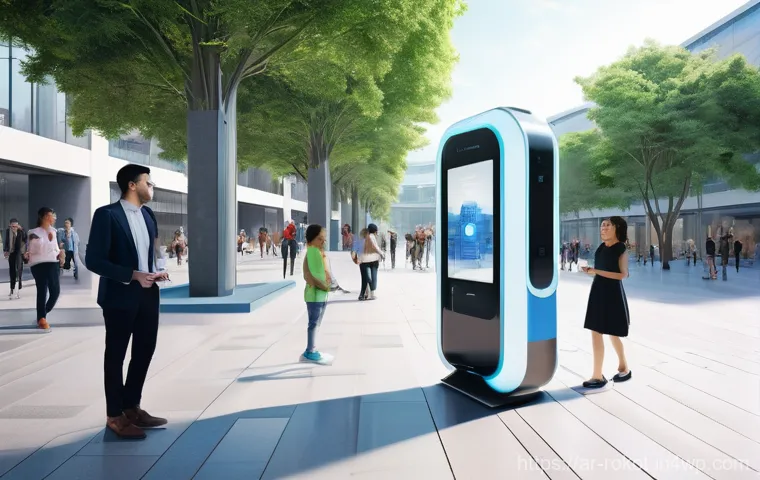 로봇의 사회적 가치와 윤리적 고려 - **Prompt:** A bustling, modern city square in a futuristic setting, vibrant and illuminated by soft,...