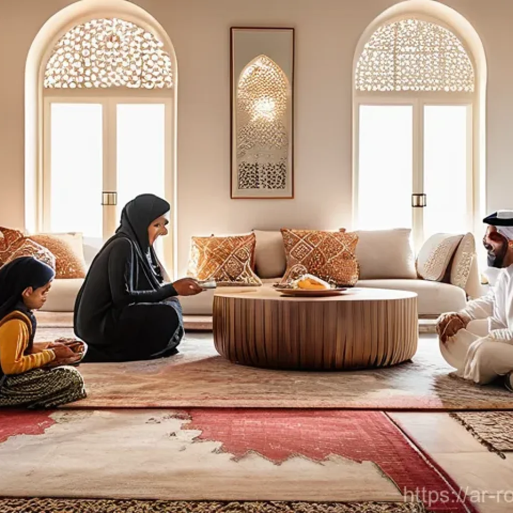 로봇 윤리 규범의 다양한 해석 - **Prompt:** A heartwarming scene inside a beautifully adorned modern Arab living room (majlis). A mu...