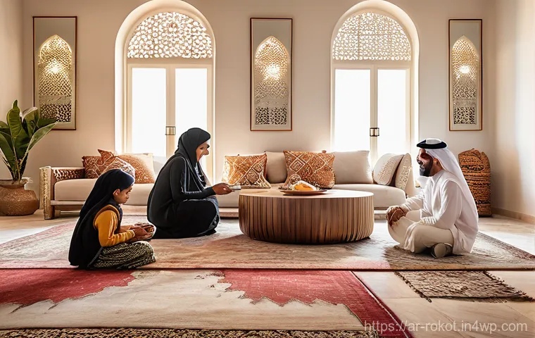 로봇 윤리 규범의 다양한 해석 - **Prompt:** A heartwarming scene inside a beautifully adorned modern Arab living room (majlis). A mu...