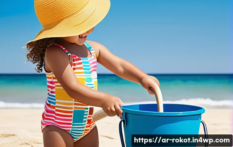 로봇 윤리 규범의 지속 가능성 - **A young girl (approximately 7 years old) wearing a colorful, modest swimsuit with a playful print,...