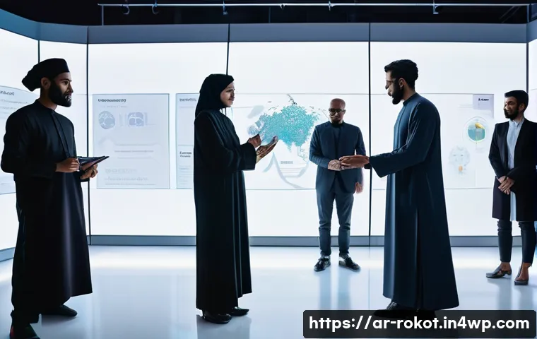 로봇 윤리 규범과 기업의 역할 - **Prompt:** A diverse group of people, including men and women dressed in contemporary, modest Arabi...