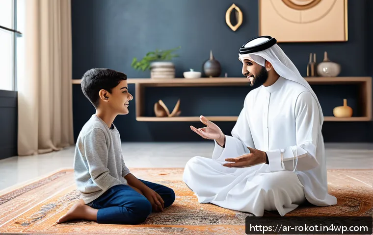 로봇 윤리 규범의 미래 예측 - A futuristic scene depicting an Arab family in a modern living room interacting with a humanoid robo...