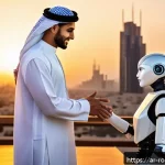 로봇과 사회적 책임의 윤리적 고찰 - A futuristic Middle Eastern urban scene at sunset, featuring diverse men and women in traditional an...