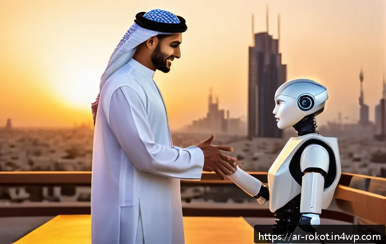 로봇과 사회적 책임의 윤리적 고찰 - A futuristic Middle Eastern urban scene at sunset, featuring diverse men and women in traditional an...