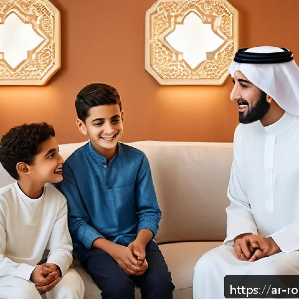 로봇의 권리와 책임 문제 - A modern Middle Eastern family in a warmly lit living room, interacting with a humanoid home assista...