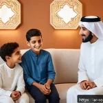 로봇의 권리와 책임 문제 - A modern Middle Eastern family in a warmly lit living room, interacting with a humanoid home assista...