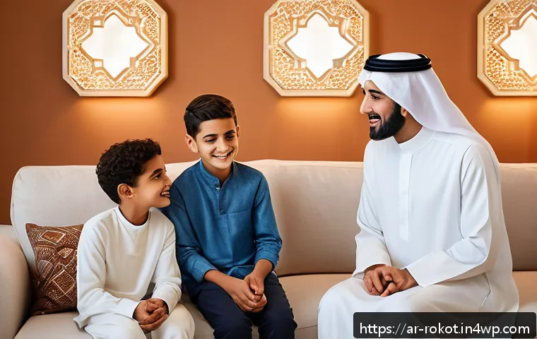 로봇의 권리와 책임 문제 - A modern Middle Eastern family in a warmly lit living room, interacting with a humanoid home assista...