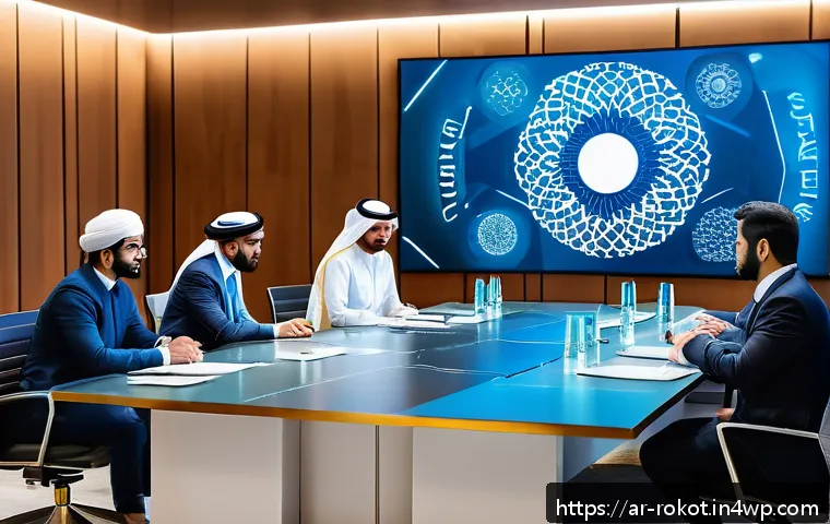 로봇 윤리 규범의 국제적 사례 - A diverse group of ethical technology experts, including Arab men and women wearing modest professio...