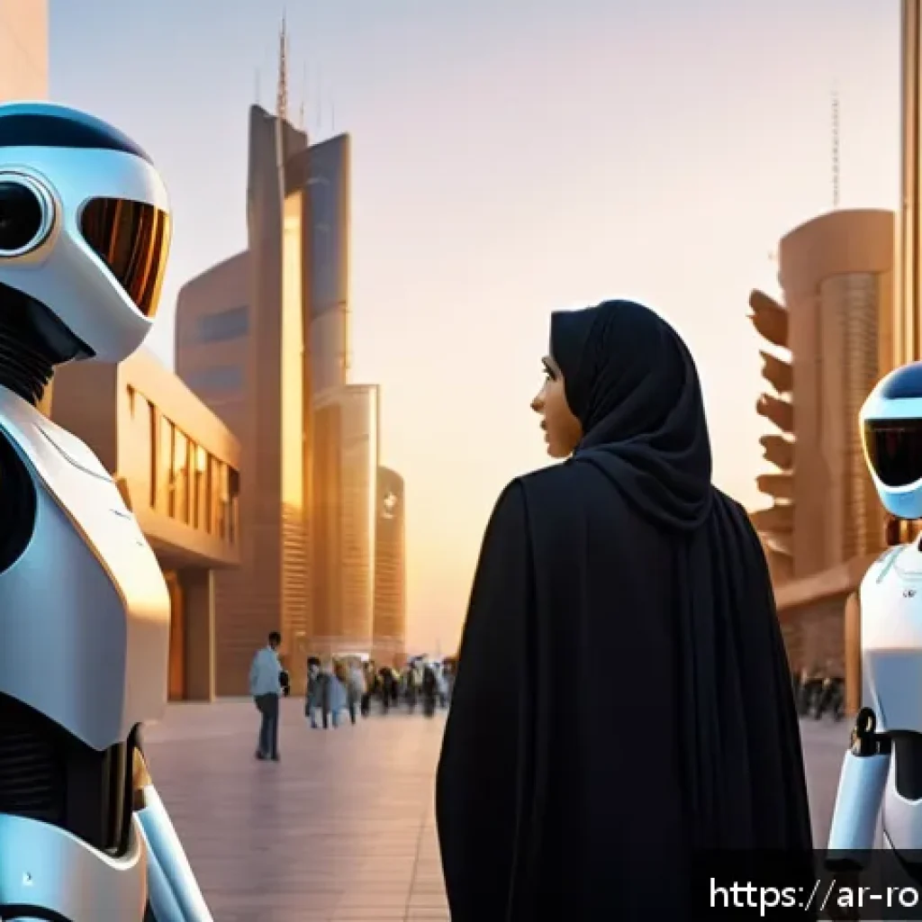 로봇 윤리의 진화와 미래 전망 - A detailed futuristic urban scene in a Middle Eastern cityscape at dusk, featuring diverse Arabic pe...