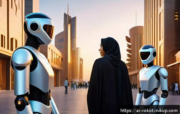 로봇 윤리의 진화와 미래 전망 - A detailed futuristic urban scene in a Middle Eastern cityscape at dusk, featuring diverse Arabic pe...