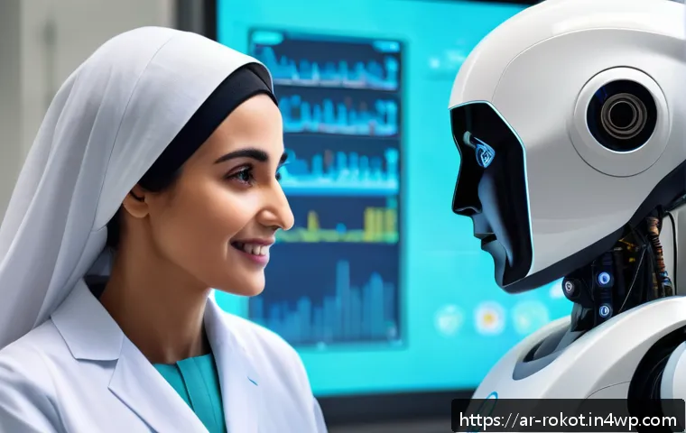 로봇 윤리 규범의 심리적 측면 - A futuristic hospital scene in a Middle Eastern setting where a humanoid robot assistant, dressed in...