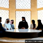 Home 23 로봇 윤리 규범의 법적 프레임워크 - Photorealistic modern legal ethics council in a prestigious Arab Gulf city, a diverse group of Arab ...