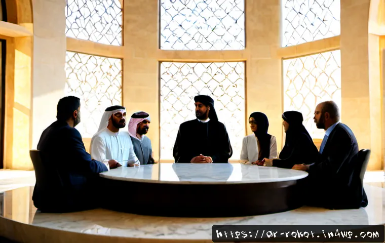 로봇 윤리 규범의 법적 프레임워크 - Photorealistic modern legal ethics council in a prestigious Arab Gulf city, a diverse group of Arab ...