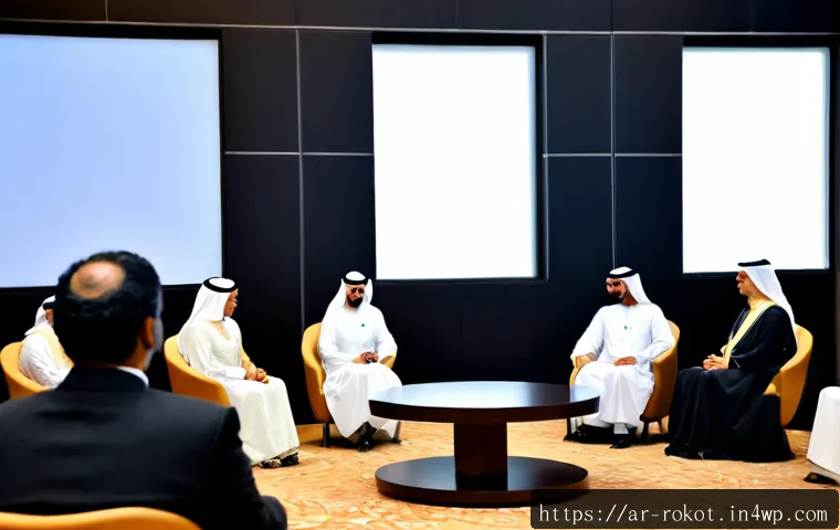 로봇 윤리 규범의 국제 표준화 과정 - Photorealistic international robotics ethics summit in a modern Gulf-region conference hall, Arab wo...
