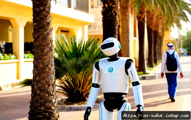 로봇의 건전한 사회적 역할과 윤리 - Photorealistic ethical community service scene in a modern Arab city neighborhood, a friendly humano...